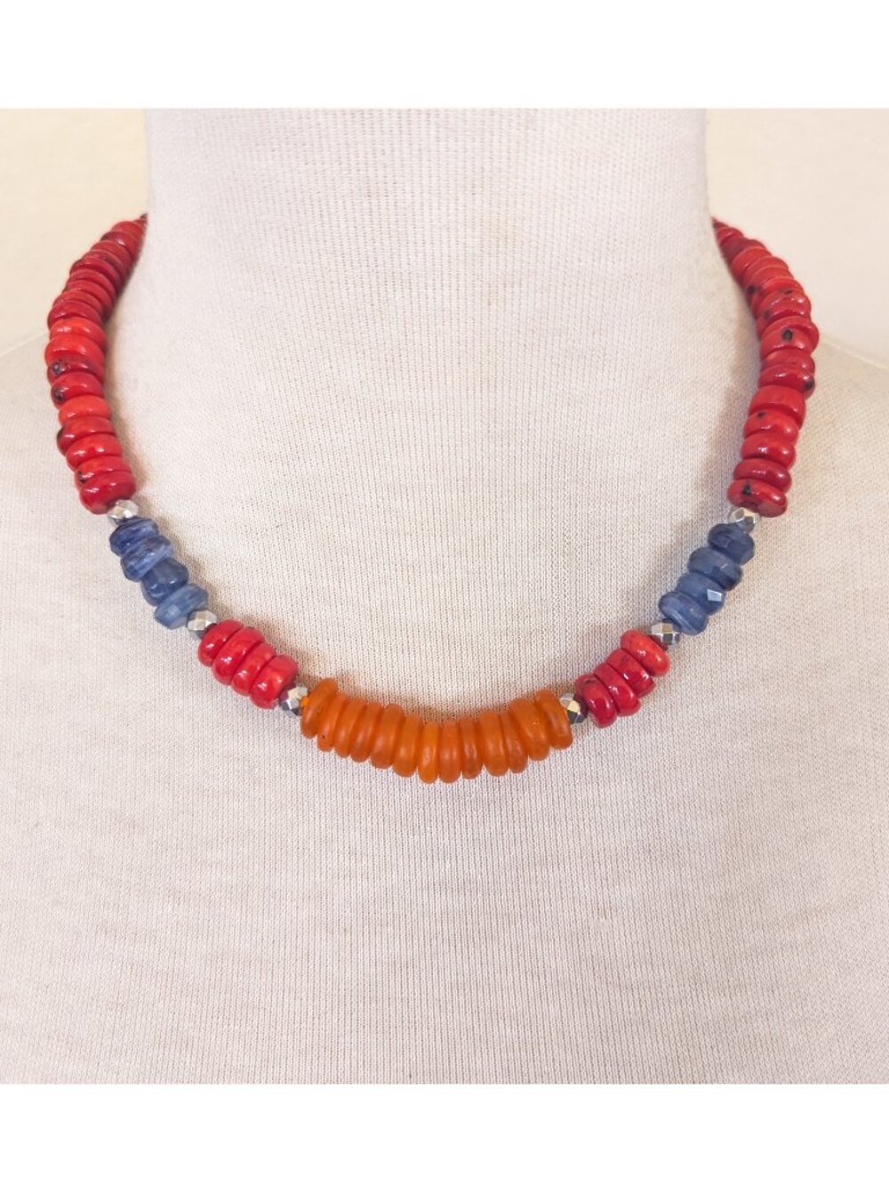 Southwestern Red Coral, Denim Blue Kyanite & Orange Statement Necklace